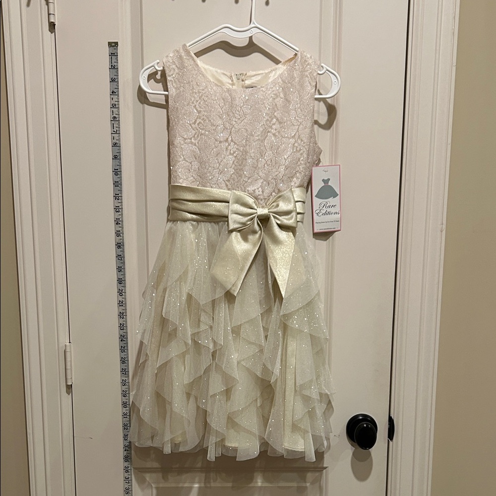 Rare Editions Ivory Lace Dress with Gold Sash